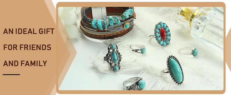 Fashionable  Western Jewelry for Women Bohemian，Exquisite Turquoise Jewelry Set , Turquoise Faux Leather Cuff Bracelet, Necklace&Earrings &Rings