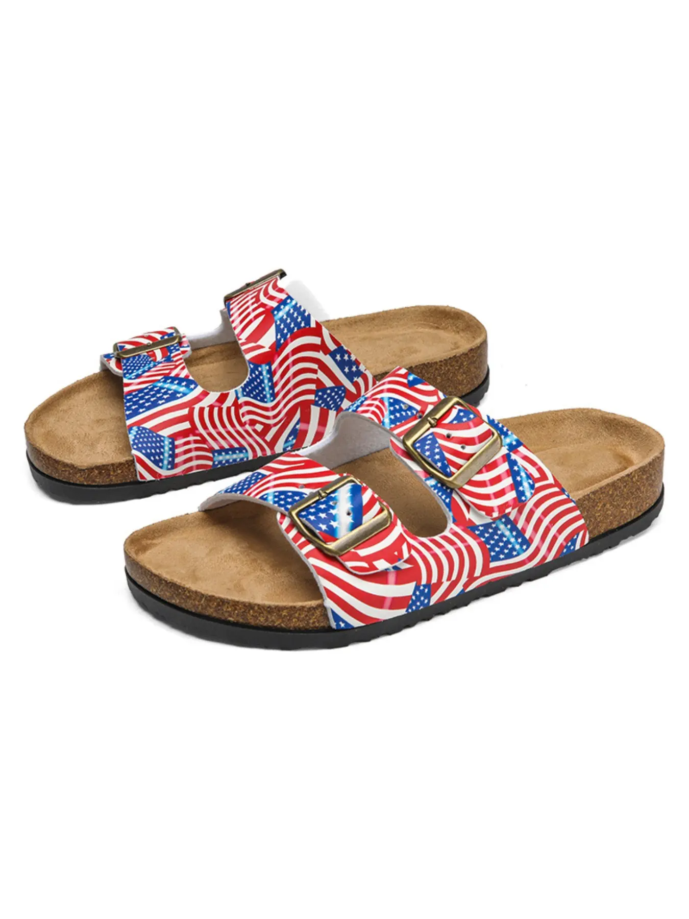 American Flag Pattern Slippers, Adjustable Brass Buckles, Soft Cork Insole, Non-Slip Eva Sole, Comfortable Outdoor Footwear