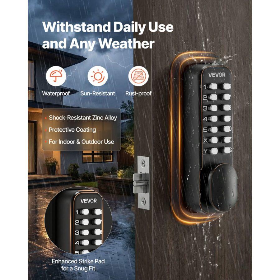 VEVOR Mechanical Keyless Entry Door Lock, 2.0 Code Upgrade, 4-7 Digits Code, Double-Sided Push Button Combination Mechanical Keypad Door Knob, Auto Locking, for Indoor or Outdoor, Oil-Rubbed Bronze