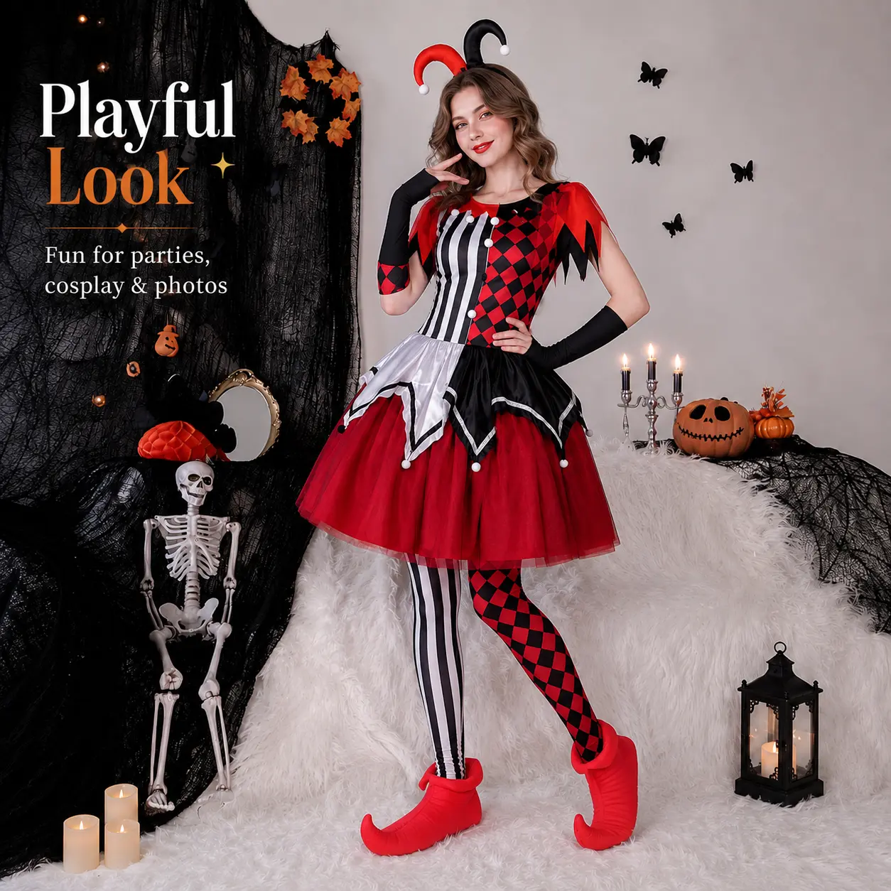 Women’s Halloween Jester Costume Set, Red Black Harlequin Clown Dress with Headpiece, Arm Sleeves and Pants, Adult Cosplay Party Outfit for Halloween, Carnival, Masquerade, Stage Performance, Theme Party, Photo Shoot, Fancy Dress Costume, Role Play