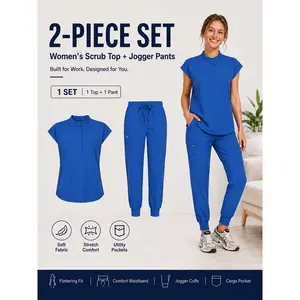 Women's 2-Piece Jogger Scrub Set, Solid Royal Blue Minimalist Style Workwear, Medical Uniform with Cap Sleeve & Pockets