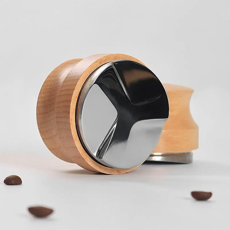 1pc 51/53/58mm Coffee Distributor, Espresso Hand Tamper, Adjustable Depth Stainless Steel, Beech Wooden Handle, Ideal for Baristas