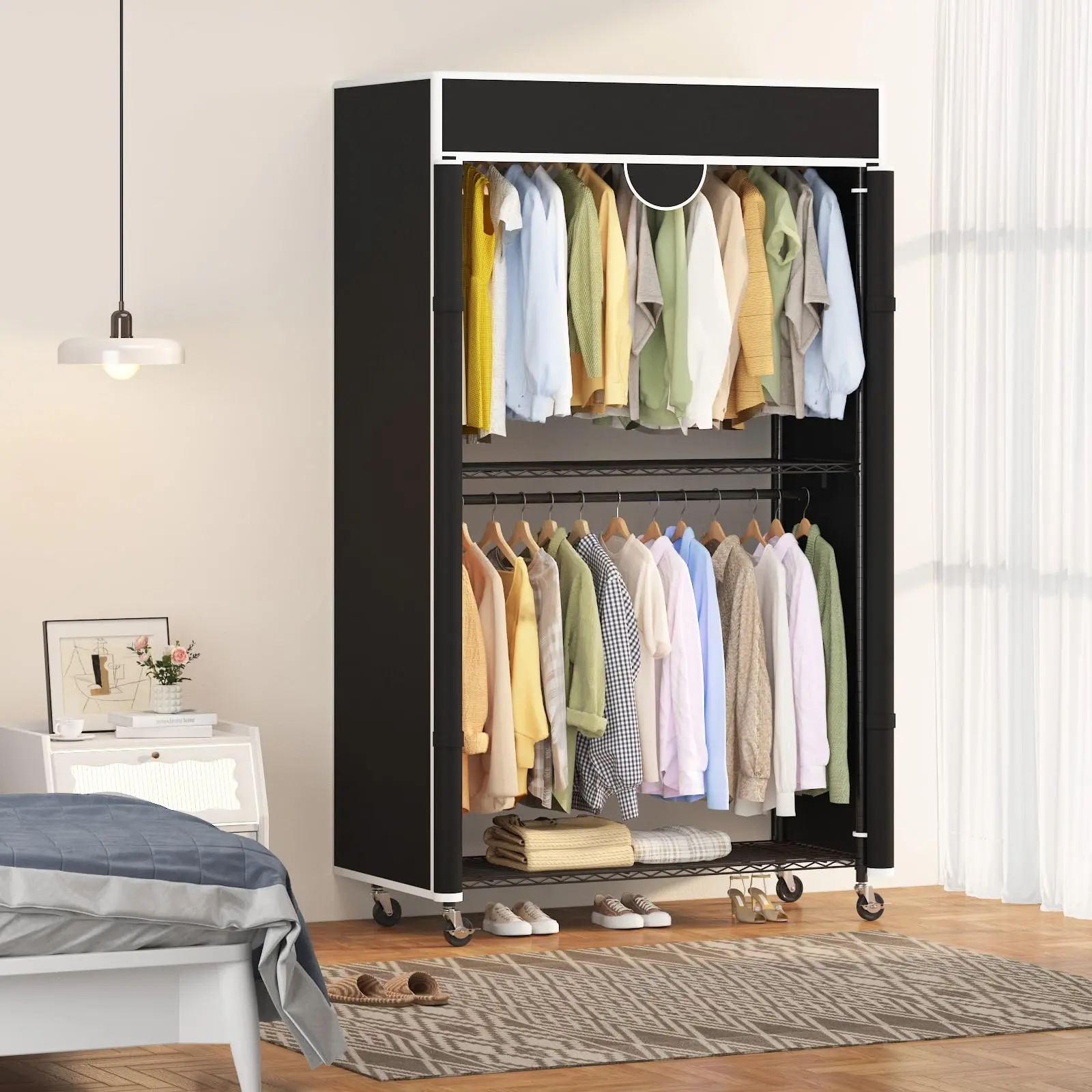 Heavy Duty Closet Wardrobe (Single Unit, Large Size) – 485LBS Capacity Non-Woven Fabric Clothing Rack with 4 Wheels, Cover, Flexible Height Adjustable 3 Shelves & 2 Hanging Rods, Portable for Hanging Clothes