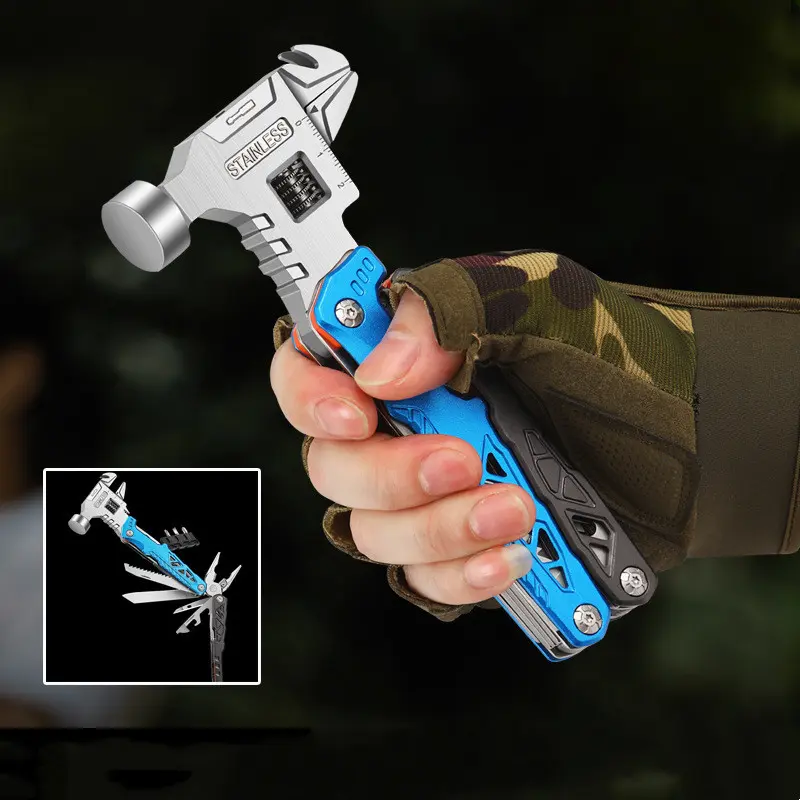 Multifunctional Folding Claw Hammer Tool, Stainless Steel Multi Repair Tool with Adjustable Wrench, Screwdriver & Ruler, Portable Vehicle Emergency Hand Tool with Storage Pouch