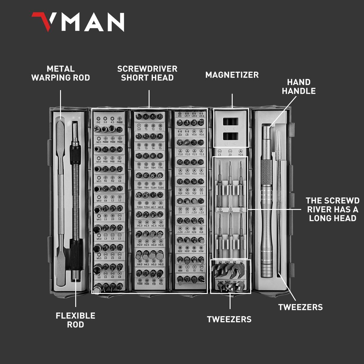 Vman Precision Multifunctional Screwdriver Set, 128-Piece Multi-Tool Kit with S2 Magnetic Bits, Portable Repair Tool Set for Computer, Phone, Watch, Electronics