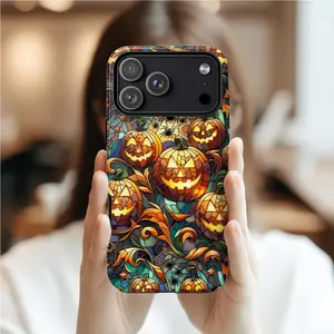 Halloween Pumpkin Stained Glass Phone Case Jack O Lantern Spider Art MagSafe Tough iPhone 17 16 15 14 Samsung S26 S25 S24 Google Pixel 10 9