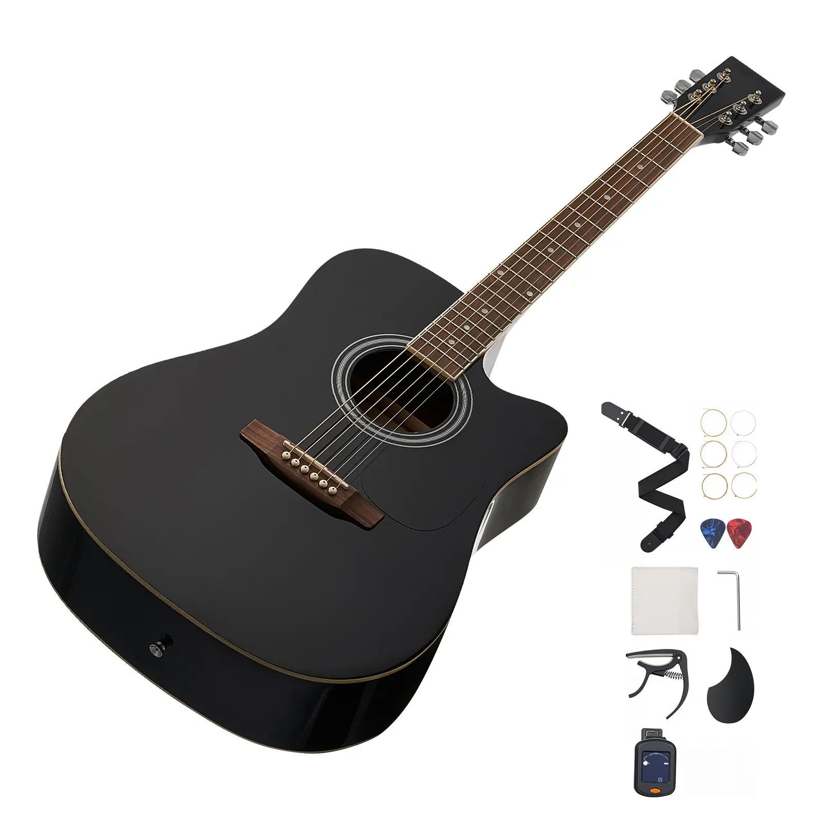 Cutway Acoustic Guitar, String Black Solid Spruce Top Guitar, Spruce Top, Mahogany Back, Rosewood Fingerboard Construction, Play with Ease, Rich Warm Sound, Full Set of Accessories