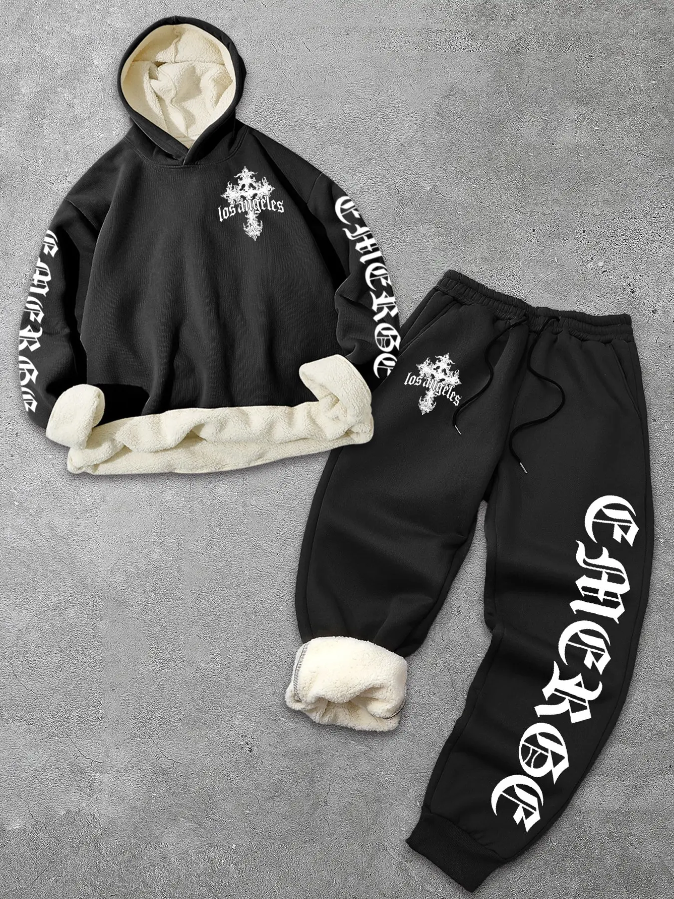 Men's Heavyweight Sherpa Lined Autumn Winter Sweatsuit Set Gothic Letter Cross Print Pullover Hoodie & Sweatpants Two-Piece Outfit Casual Streetwear