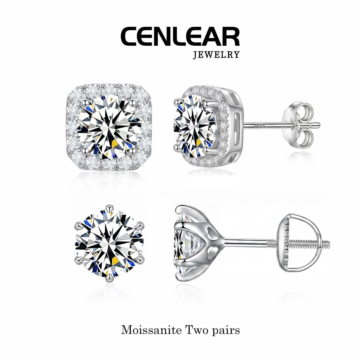 CENLEAR 2 Pairs Of 1-Carat Lab-Grown Moissanite Stud Earrings (6.5mm Round Cut, D-Color, VVS1 Clarity) – Hypoallergenic 925 Silver Posts; Diamond Alternative; Perfect For Birthdays (Mom/Girlfriend), Weddings, Parties, Or Daily Wear