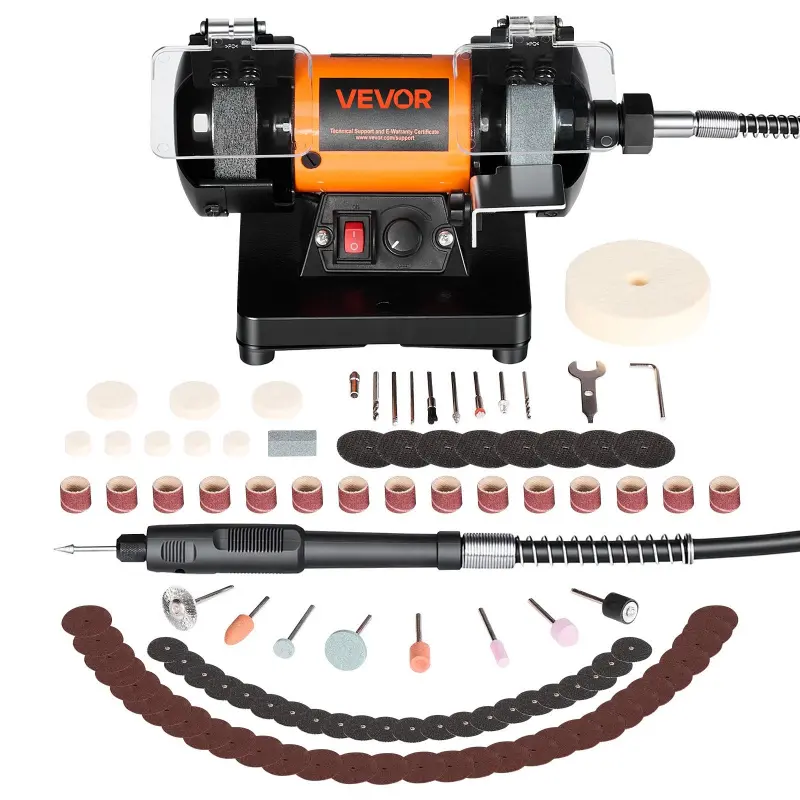 VEVOR Bench Buffer Polisher, 8300-10600 RPM Adjustable Speed, 9.1x5.1x6.9 in Compact Design, Easy to Move, with Grinding/Fiber/Wool Wheels & Flexible Shaft Engraving Pen, 100-Piece Accessory Kit, for Jewelry, Metal, Jade DIY, Attachment, 3 In / 75 Mm