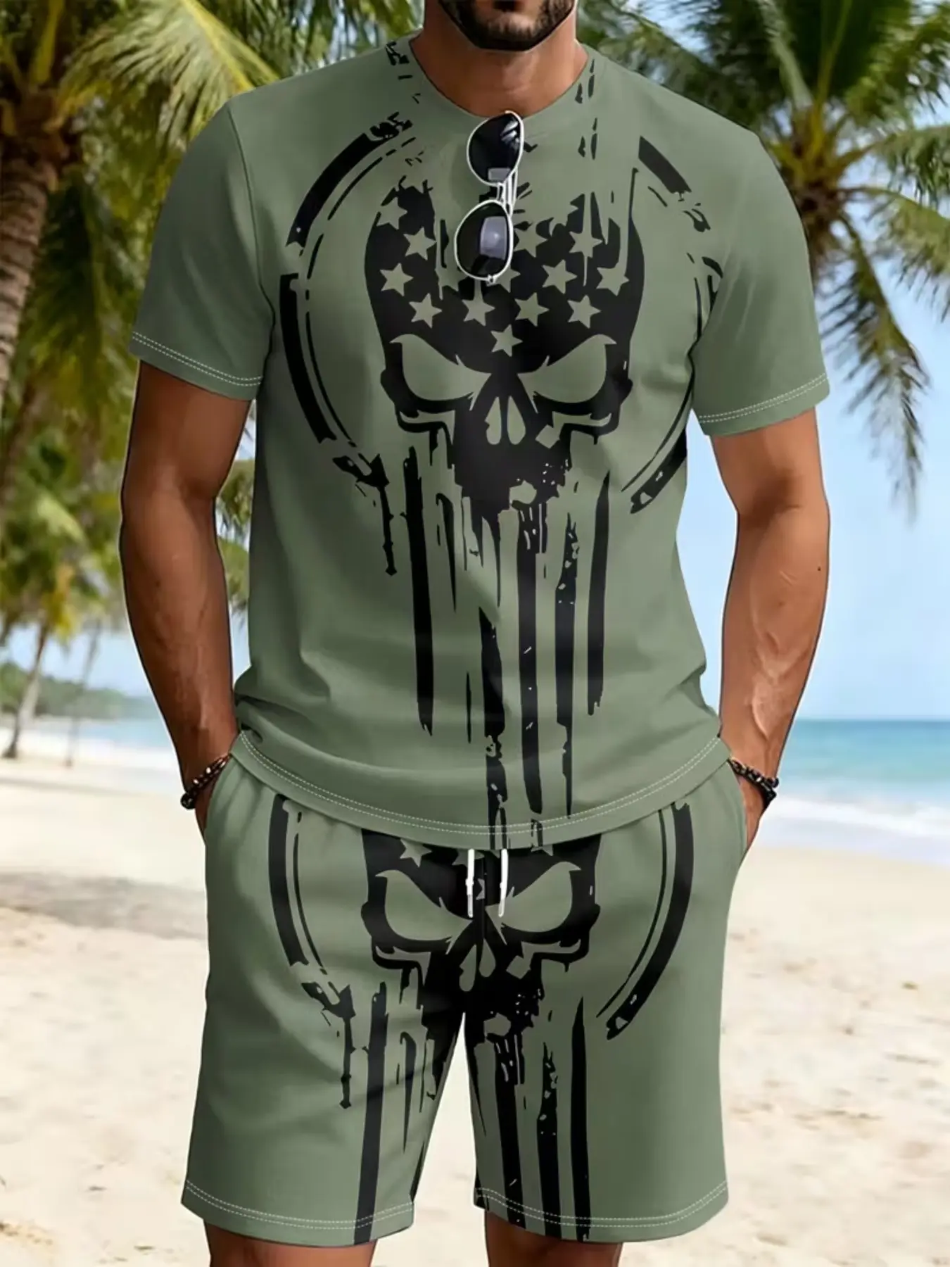 Men's Short Sleeve T-Shirt Set, Punisher Skull Flag Print, Polyester Fabric, Casual Street Style, Breathable Comfort, Summer Fall