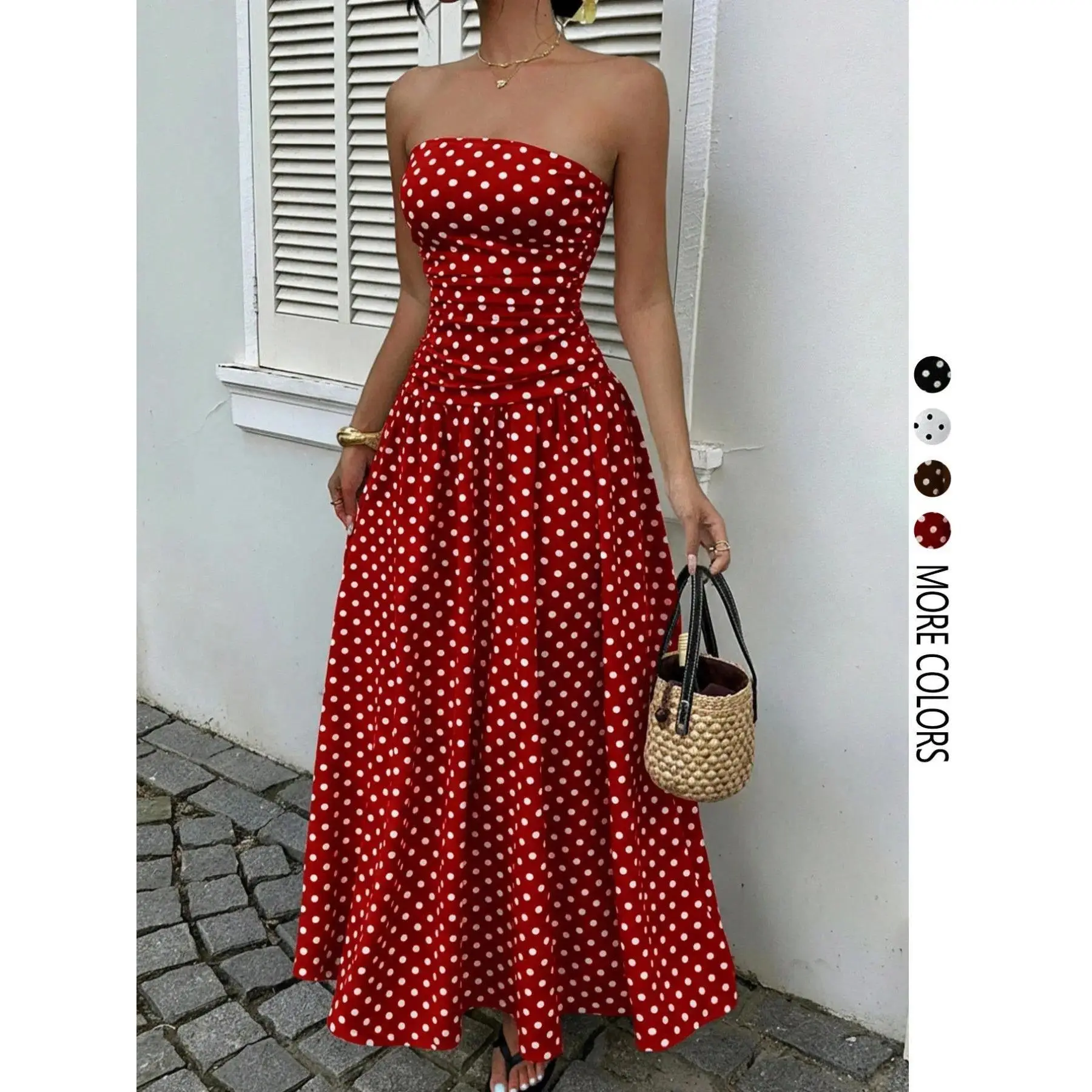 Women’s Elegant Polka Dot Maxi Dress, Chic Strapless Sleeveless Party Dress, Stylish Formal Evening and Casual Outfit