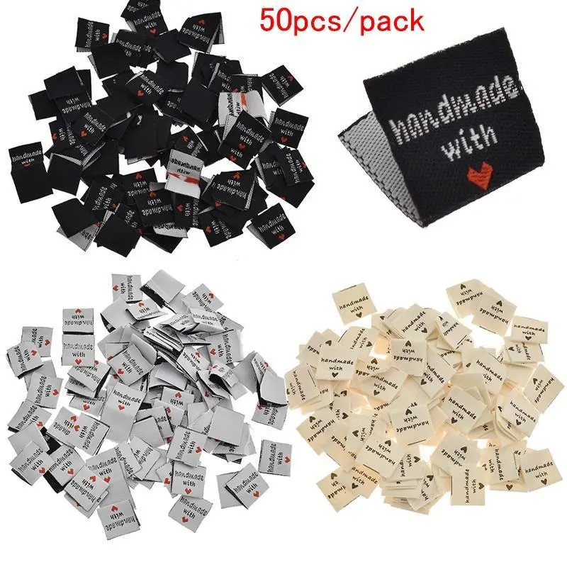 50pcs/100pcs Handmade Woven Embroidered Labels, Handmade Sewing Labels with Love for Clothing Garment and Sewing Decoration