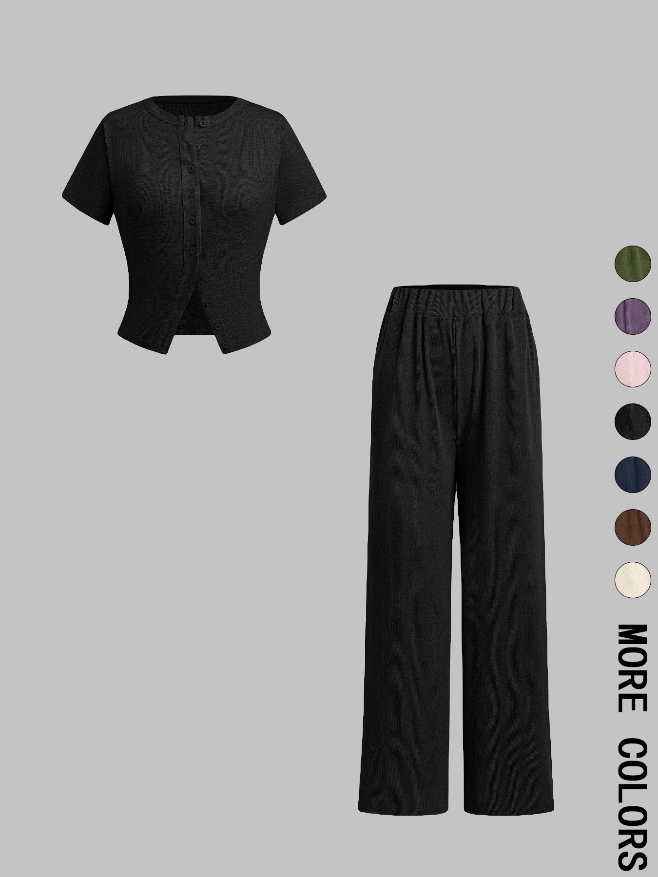 Two-piece Set Women's Solid Color Top & Wide Leg Pants, Casual Basic Comfy Round Neck Top & Trousers for Daily Wear, Ladies Two-piece Outfits for All Seasons, Clothes,Airport Outfit