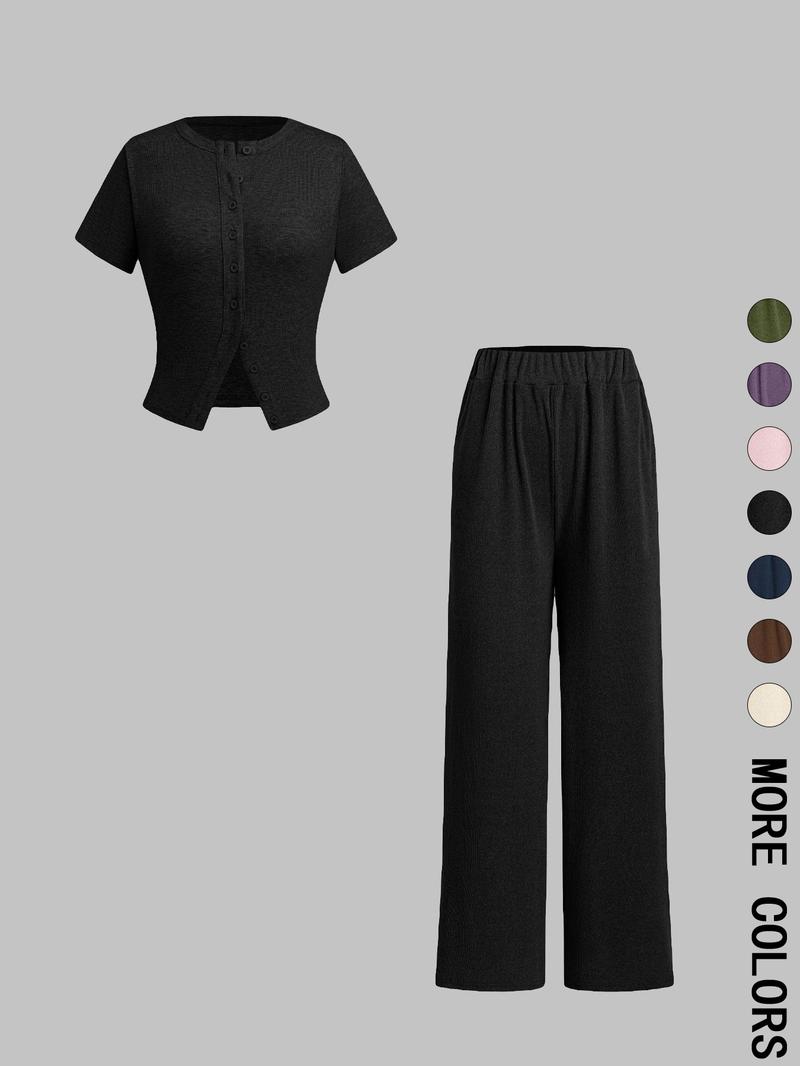 Two-piece Set Women's Solid Color Top & Wide Leg Pants, Casual Basic Comfy Round Neck Top & Trousers for Daily Wear, Ladies Two-piece Outfits for All Seasons, Clothes,Airport Outfit