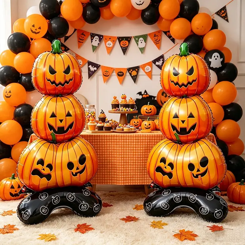 2pcs Halloween Standing Pumpkin Balloons with Facial Features, Party Balloons for Indoor Outdoor Balloon Decoration, Easy Installation