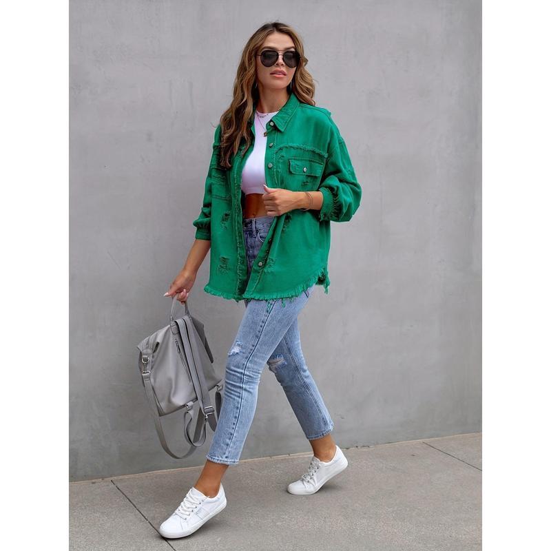 Womenswear Solid color mid-length ripped long sleeve denim jacket distressed shacket Fashion Casual Comfort denim bomber jacket Tops Shirt Vintage Coat