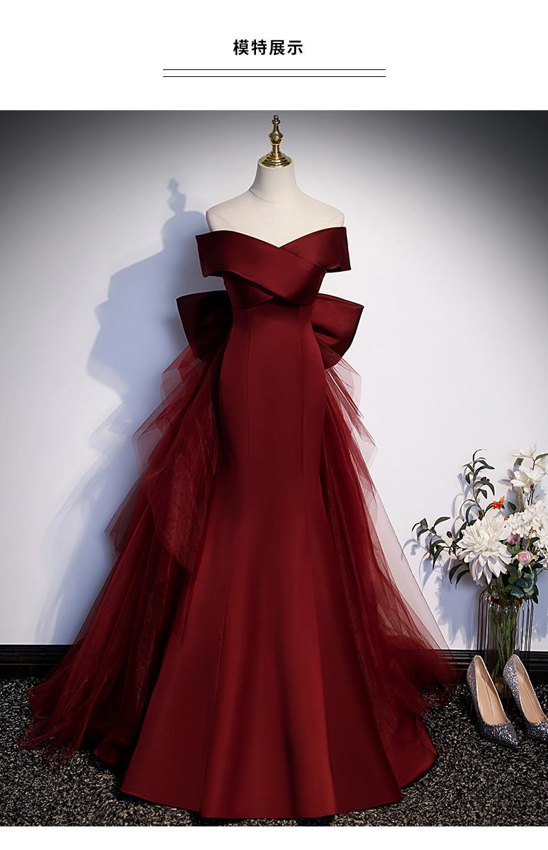 2026 New Style Wine Red Fishtail Toast Dress, Female Vocal Music Art Exam Evening Dress, Annual Party Host Off-the-Shoulder Light Wedding Dress