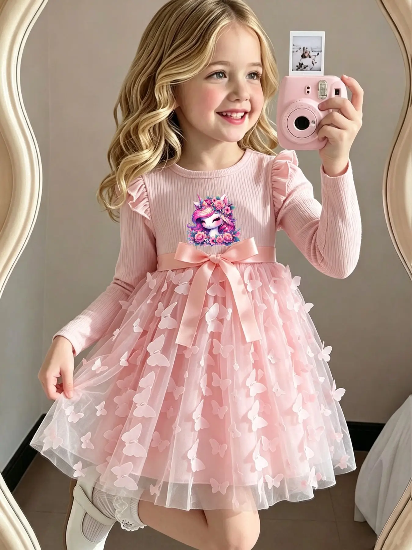 Girls' Unicorn Princess Dress, Long Sleeve Ruffled Butterfly Net Dress, Cute Cartoon Tutu Dress, Elegant Clothing