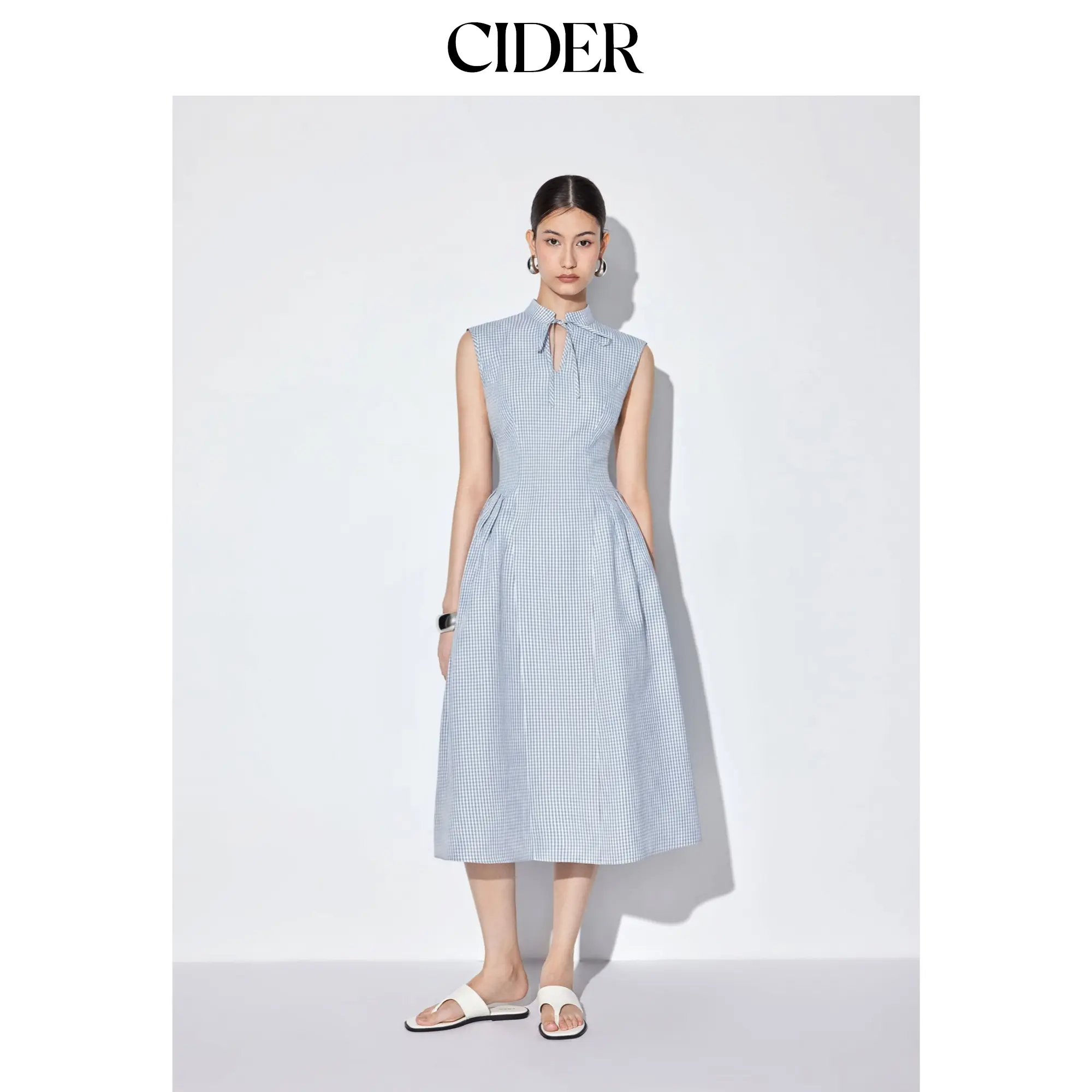 Cider Cotton-blend Gingham Stand Collar Tie Neck Shirt Midi Dress