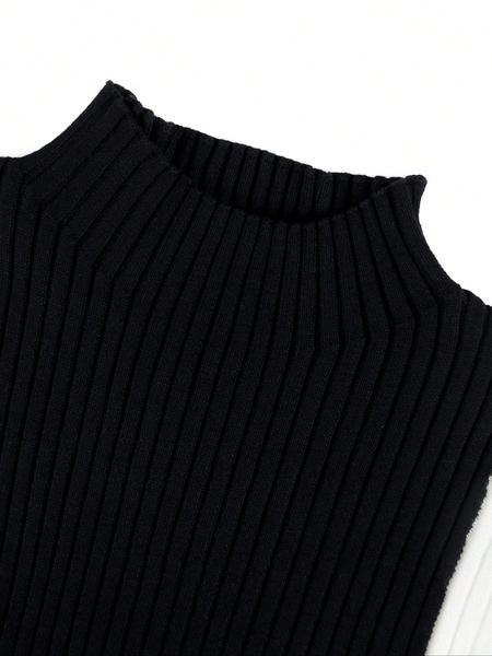 Women's Knit Elegant Commuter Dress, Fall Winter Patterned Half High Neck Long Sleeve Colorblock Knee-Length Slim Fit Sweater Skirt