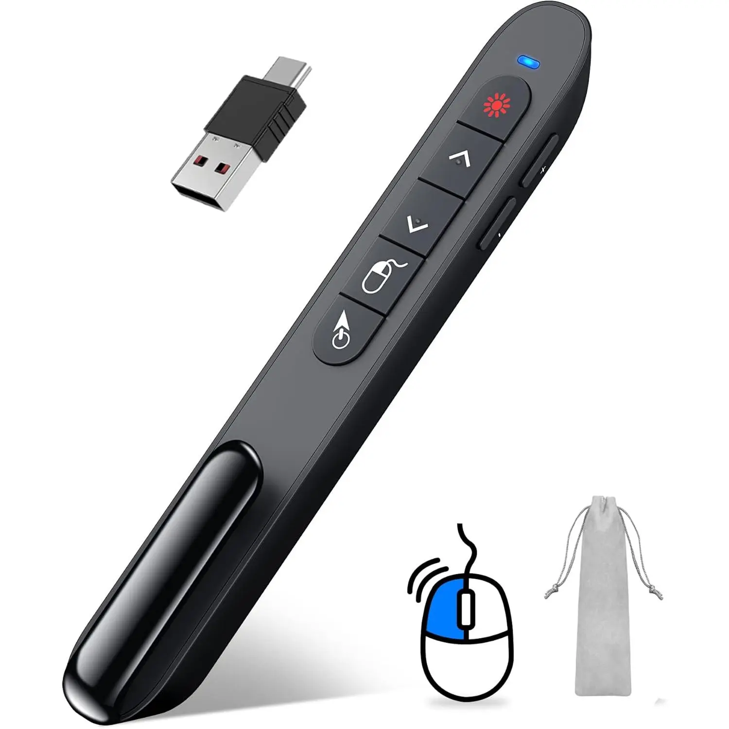 USB-A and USB-C Presentation Clicker with Air  Control, Rechargeable  Presenter Remote PPT Pointer RF 2.4GZ PowerPoint Clicker Slide Advancer for   Laptop