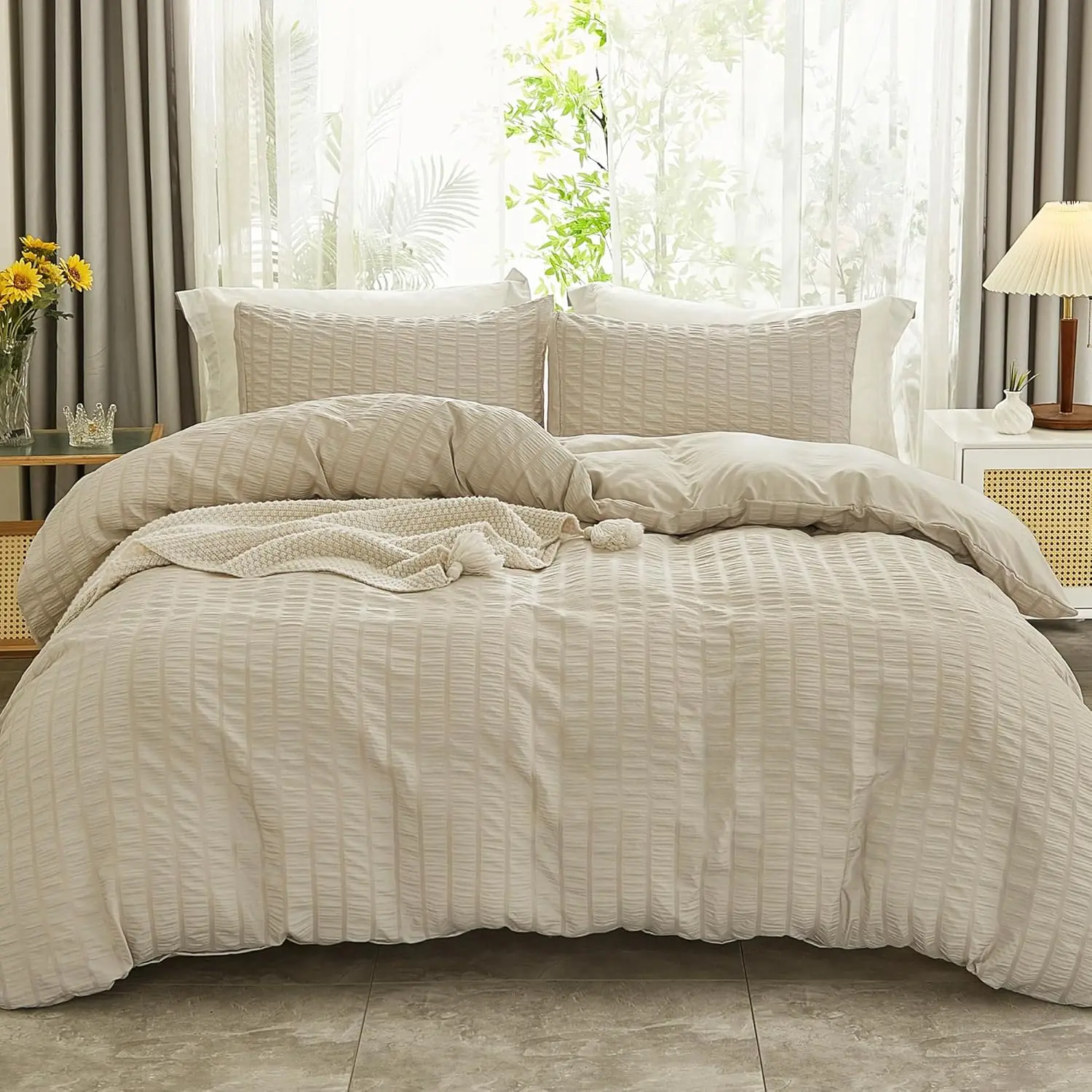 Beige Duvet Cover King Size, Textured Seersucker Duvet Cover Set, Soft Washed Microfiber with Zipper Closure and Corner Ties, 3 Pieces, 104" x 90" Duvet Cover & 2 Pillowcases