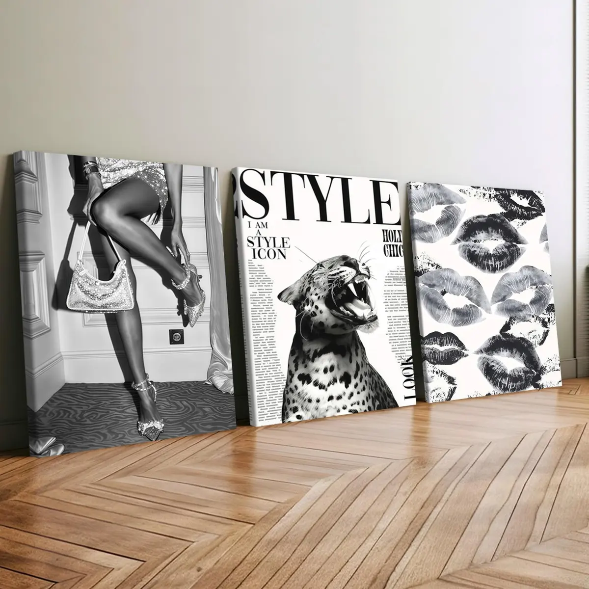 3 count wood frame canvas, black and white leopard print element fashion female figure poster, fashion family decorative painting, modern art, suitable for bedroom, living room, office wall art, delicate and durable, waterproof art