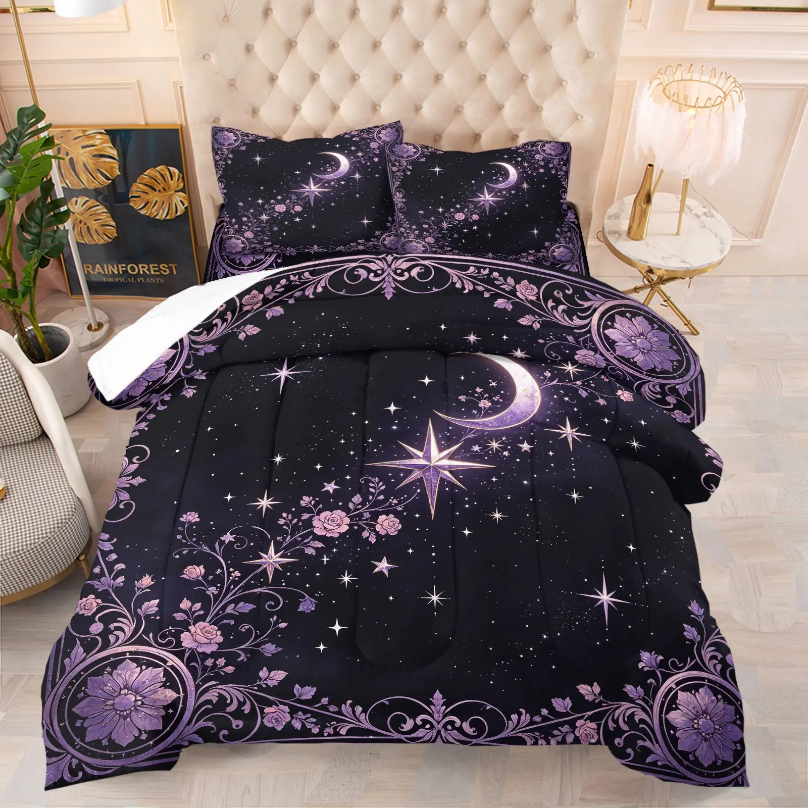 Vintage Purple Flower Crescent Moon Star Gothic Witch Comforter Bedding Set, 1 Comforter + 1-2 Pillowcases, HD Digital Printed, Soft Comfortable Skin-Friendly Washable Fabric, Dreamy Mystic Starry Theme Bedroom Decor