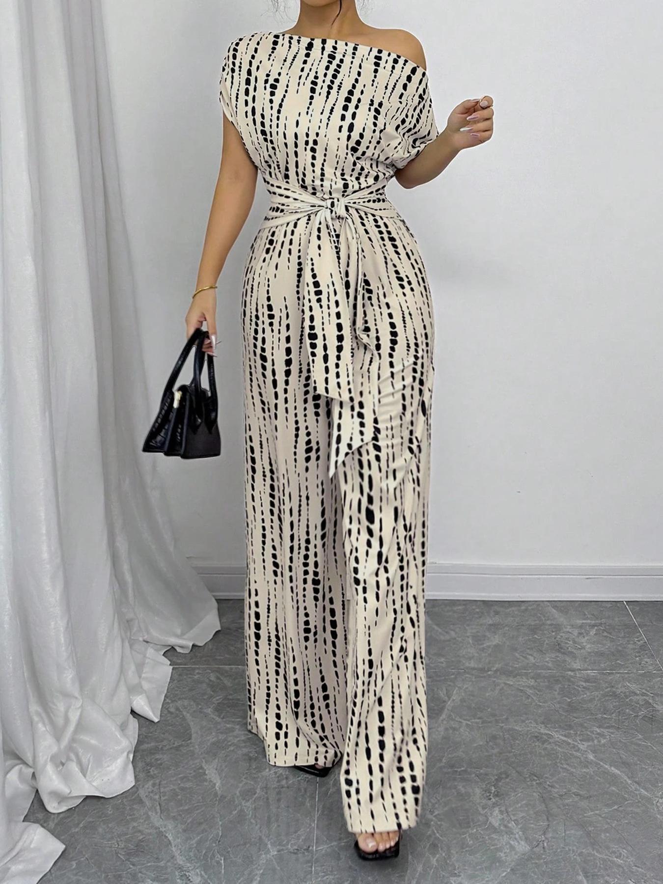 Women's All Over Print Tie Front Jumpsuit, Casual Asymmetrical Neck Jumpsuit for Spring & Fall, Women's Clothes for Daily Wear