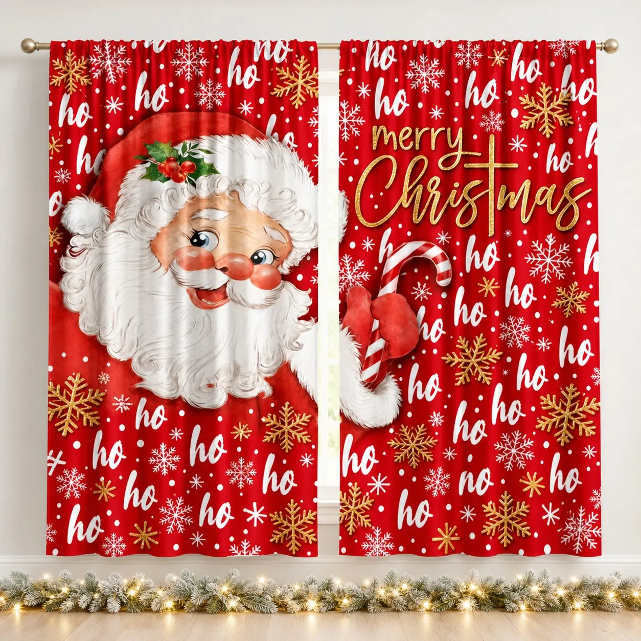 2Pcs Vintage Christmas Semi Sheer Curtains, Burgundy Red Background Ho Ho Ho Letter Watercolor Santa Candy Cane Gold Snowflake Winter Holiday Print Rod Pocket Privacy Window Drapes, Fade Resistant Washable Curtain for Bedroom Living Room Xmas Home Decor