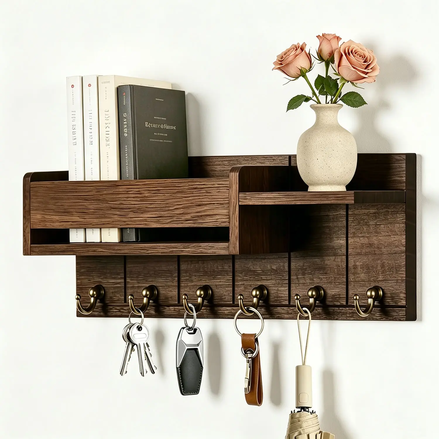 Solid Wood Wall-Mounted Entryway Organizer Rack with Hooks, Key Holder Storage Shelf, Space-Saving Home Decor Accessory, Wooden Shelf for Wall