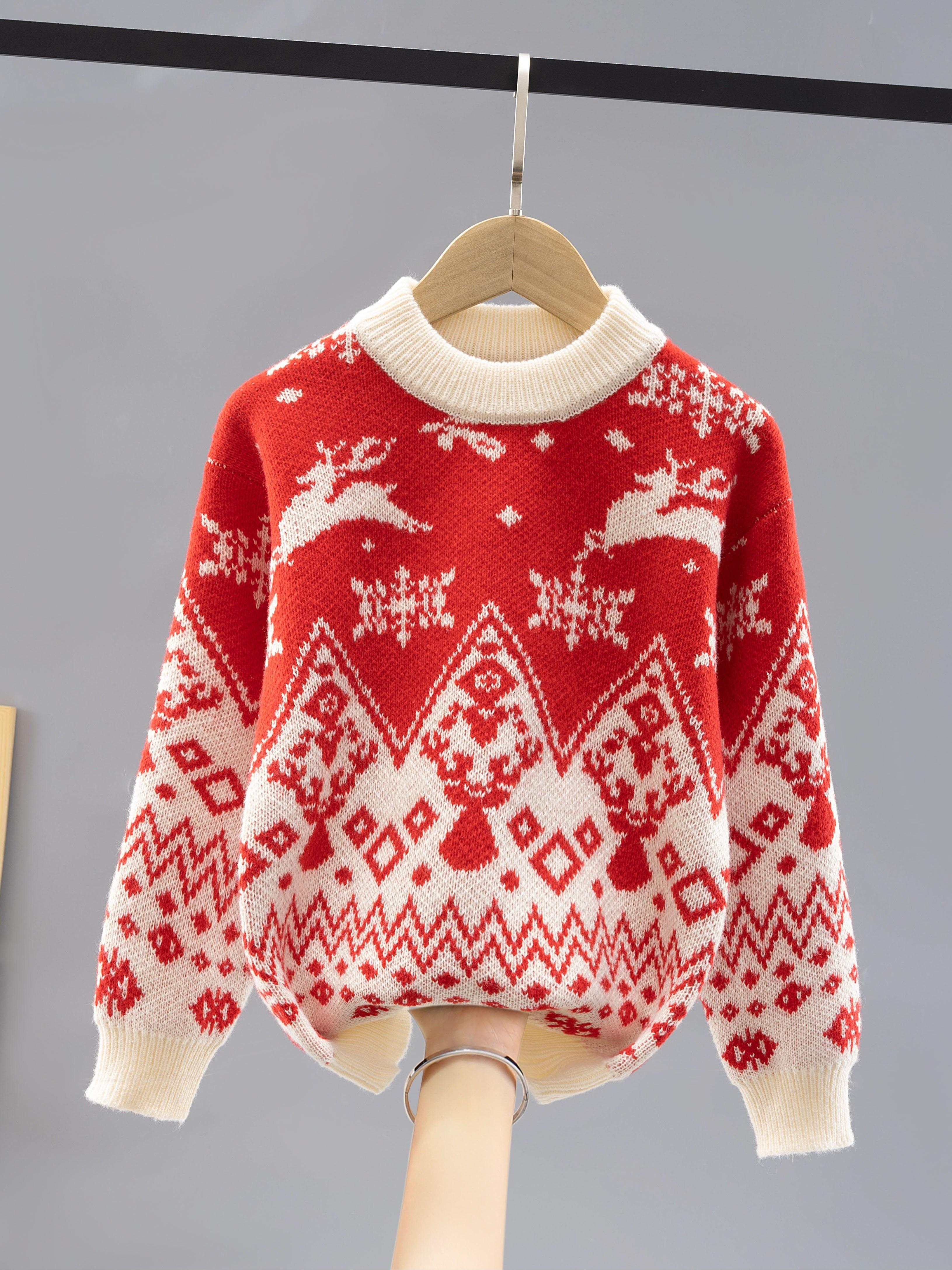 Christmas Girls' Sweater - Red & Snowflake & Reindeer Pattern, Soft Stretchy Knit Round Neck Pullover for Winter Parties, Holiday Outings, Machine Washable Festive Gift For Girls, Christmas Sweater, Party Outfit, Cozy Clothing, Durable Knitwear