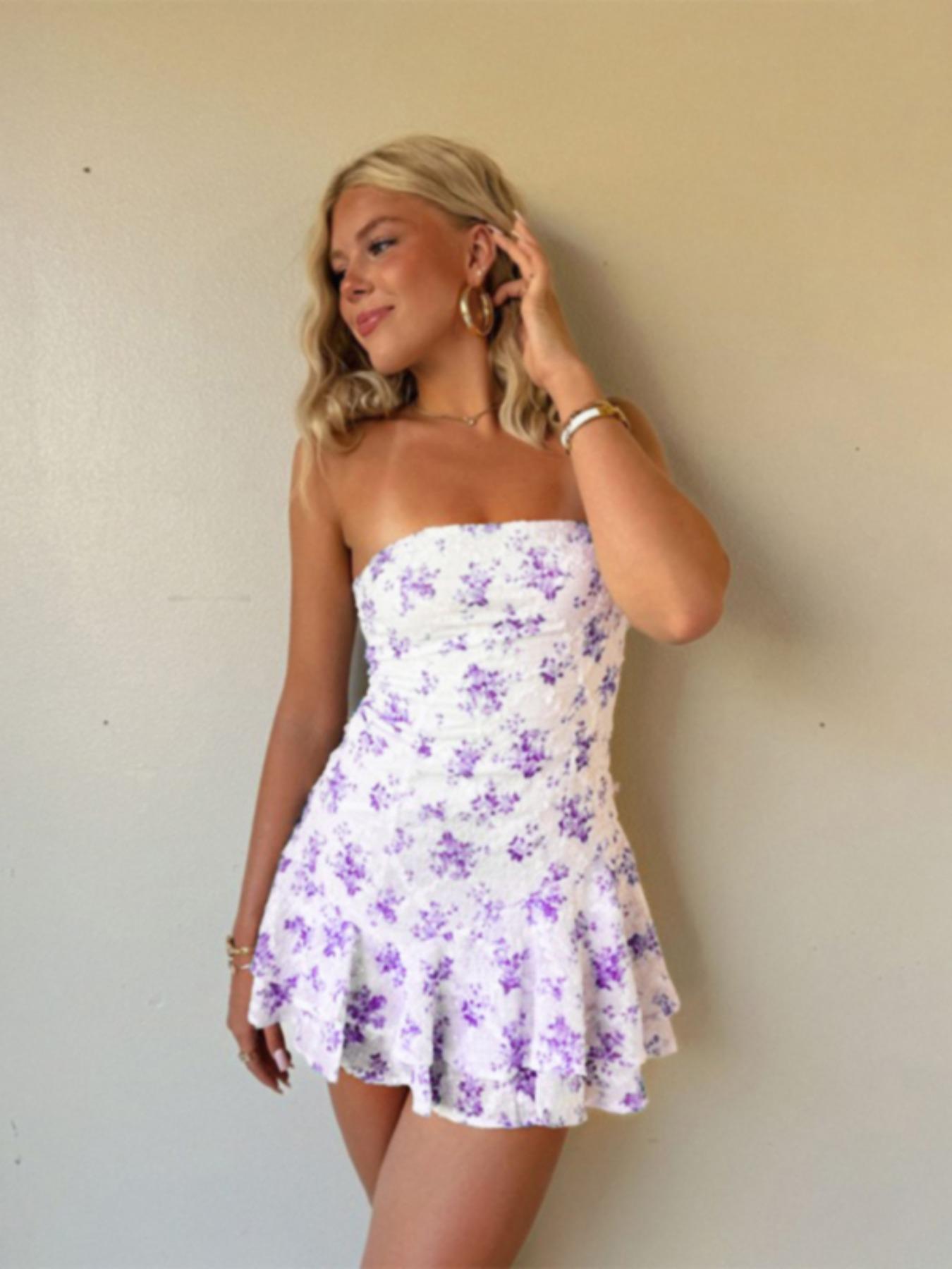 Women's Floral Print Tube Dress, Feminine Fashion Casual Strapless A Line Dress for Daily Outdoor Wear, Ladies Dress for Summer Womenswear