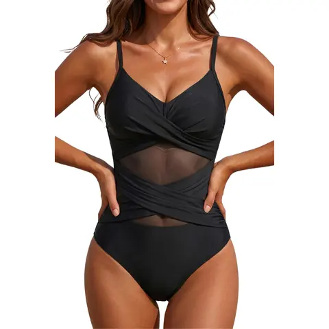 Yonique Women’s Mesh One Piece Swimsuits - Tummy Control Cutout Bathing Suit Push Up Slimming Swimwear