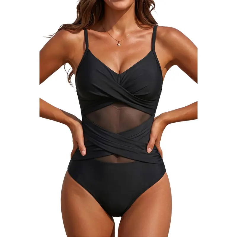 Yonique Women’s Mesh One Piece Swimsuits - Tummy Control Cutout Bathing Suit Push Up Slimming Swimwear