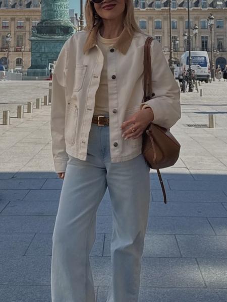 Women's Cotton Jacket, Striped Fabric, Button Front, Casual Long Sleeve, Workwear Style, Multi-Pocket Design, Spring & Fall Fashion