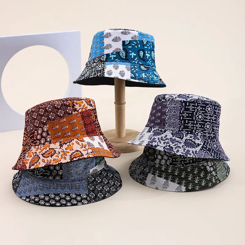 Patchwork bucket hat paisley flower fisherman hats summer sun protection caps cotton headwear fashion casual outdoor travel beach vacation style trend clothing accessories blue orange nice gifts