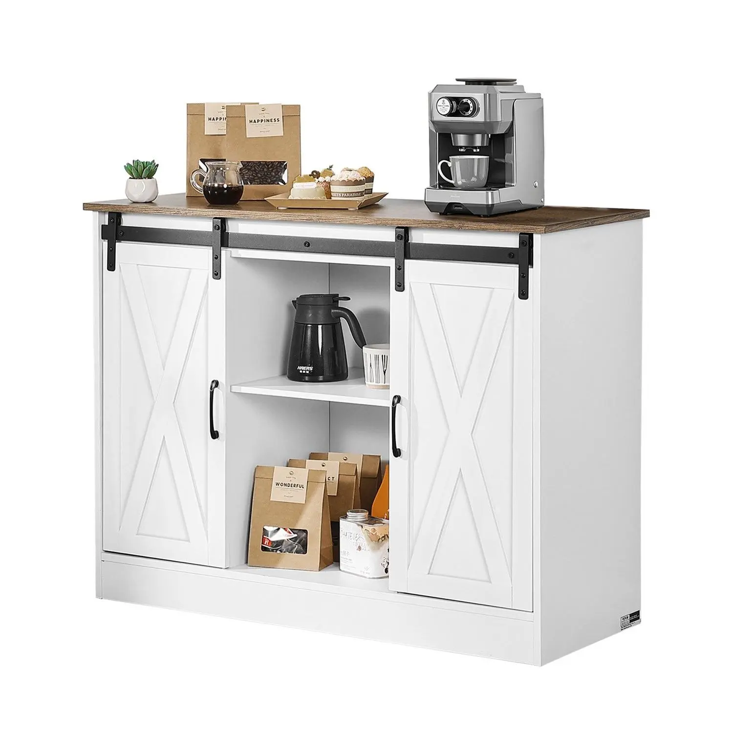 【DealsForYouDays】VEVOR Coffee Bar Cabinet, 41.8x 15.8x 32.1 in Farmhouse Coffee Bar Cabinet with 3-Tier Storage, Coffee Bar Table with Barn Doors, Farmhouse Sideboard Buffet Cabinet for Living Room, Entryway