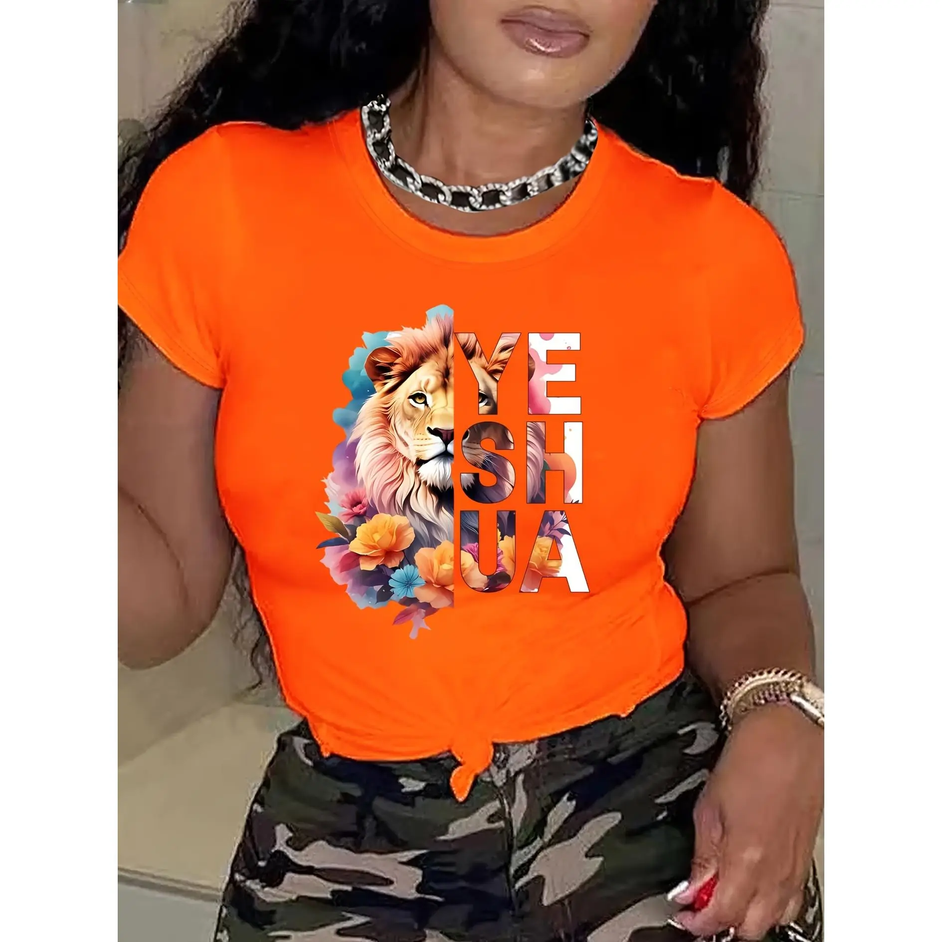 Women'S Short-Sleeve Top Featuring a 'YESHUA' Lion Floral Print, Machine Washable, Comfortable, Soft, And Breathable, Suitable for Spring, Summer, And Autumn. Loose, Casual, Stylish, Perfect for Daily Wear And Easy to Match, Available in Sizes S-XXL