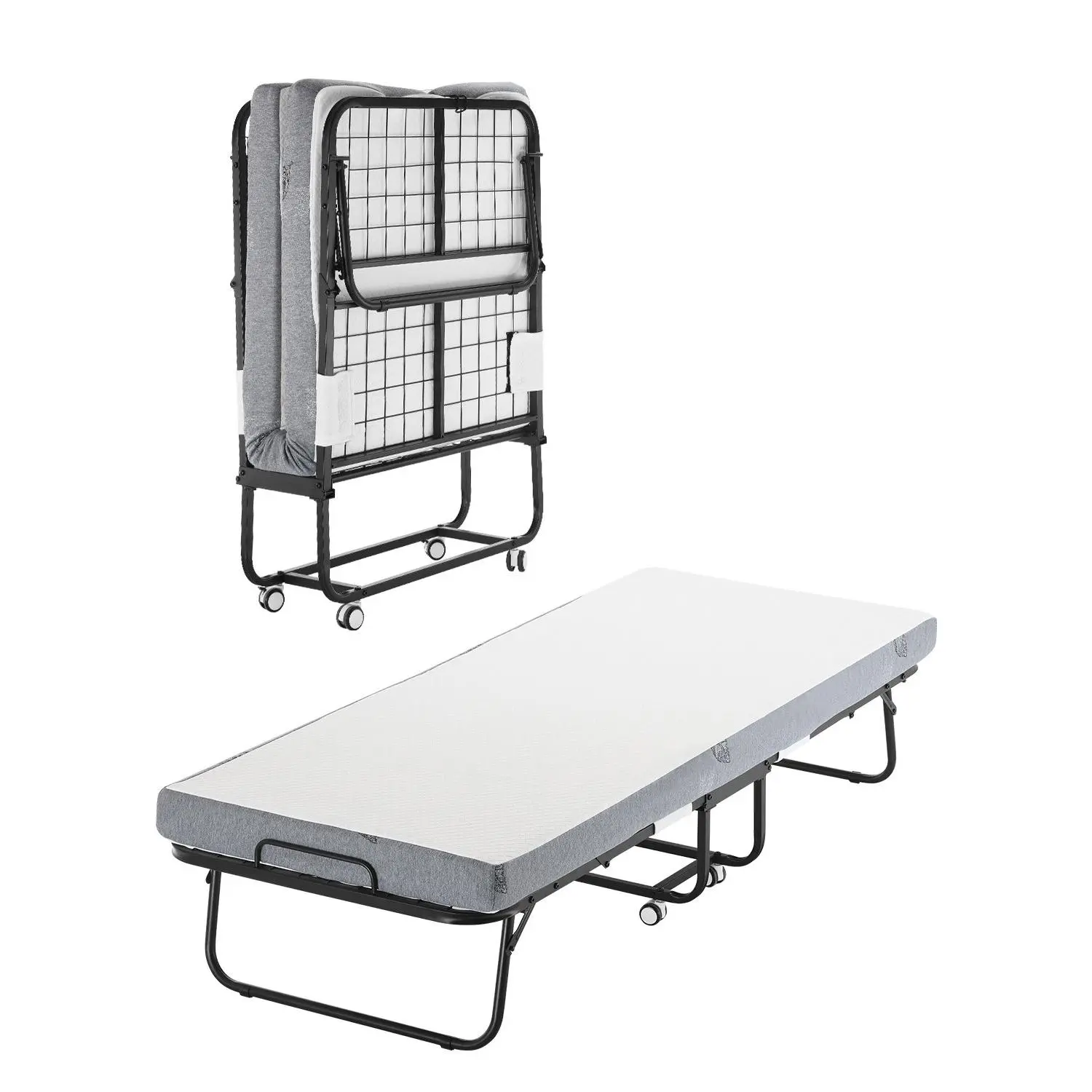 Rollaway Bed, 31 inx 75 in Folding Bed with 4 in Mattress, Twin Size Foldable Bed with Sturdy Metal Frame Memory Foam Mattress, Portable Twin Roll Away Bed with Mattress, for Adults, Guest