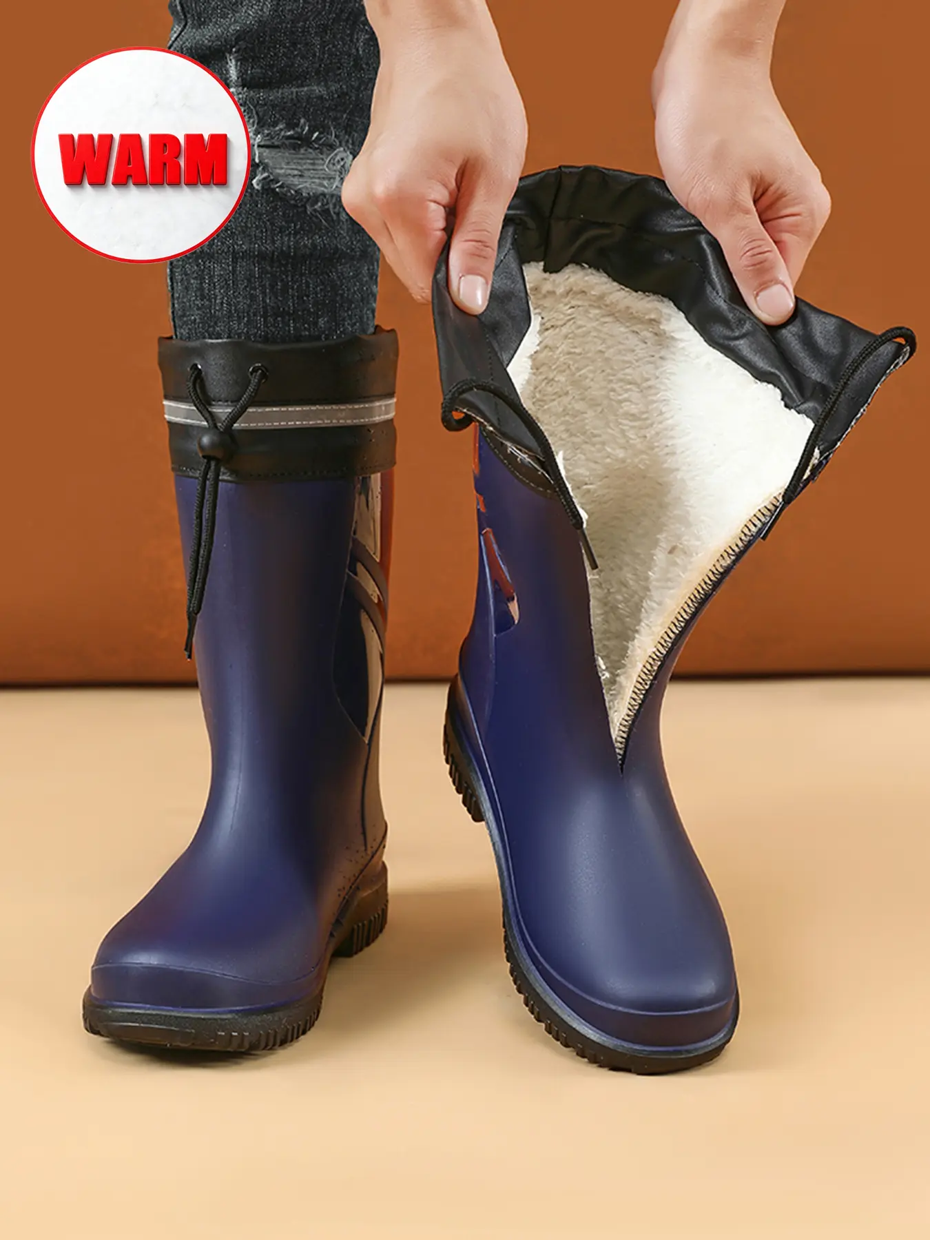 Men & Women Mid-Calf Fleece-Lined Rain Boots, Fashionable Rain Boots, Adjustable Toggle Shaft, Thick Warm Lining, Anti-Slip High-Traction Outsole, Daily Rain Shoes & Water Shoes for Cold-Rain Commute, Gardening, Outdoor Work & Rainy Trips, Sizes 36-48
