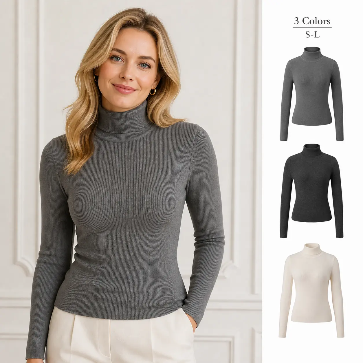 Lady's Fitted Long-Sleeve Ribbed Turtleneck Polyester Knitting Pullover, Elegant Classic Work Office Wear for Fall Winter
