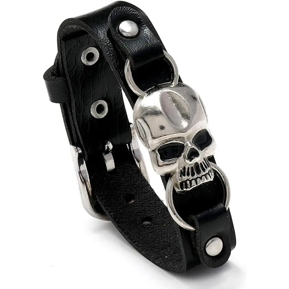 Leather Skull Bracelet for Men Gothic Punk Bracelets  Black Bracelet Cuff  Wristband for Festival
