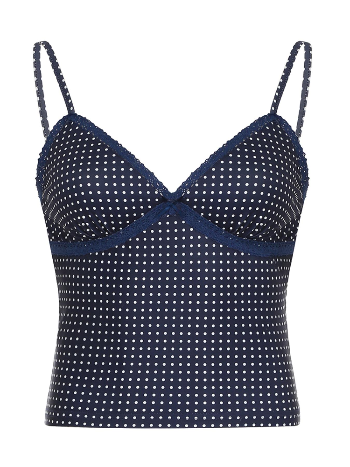 Women's Polka Dot Print Lace Trim Crop Cami Top, Casual Spaghetti Strap Top for Summer, Fashion Women's Top for Daily Wear, Charming Polka Dots, Elegant Casual Top, Casual Style Camisole, Womenswear