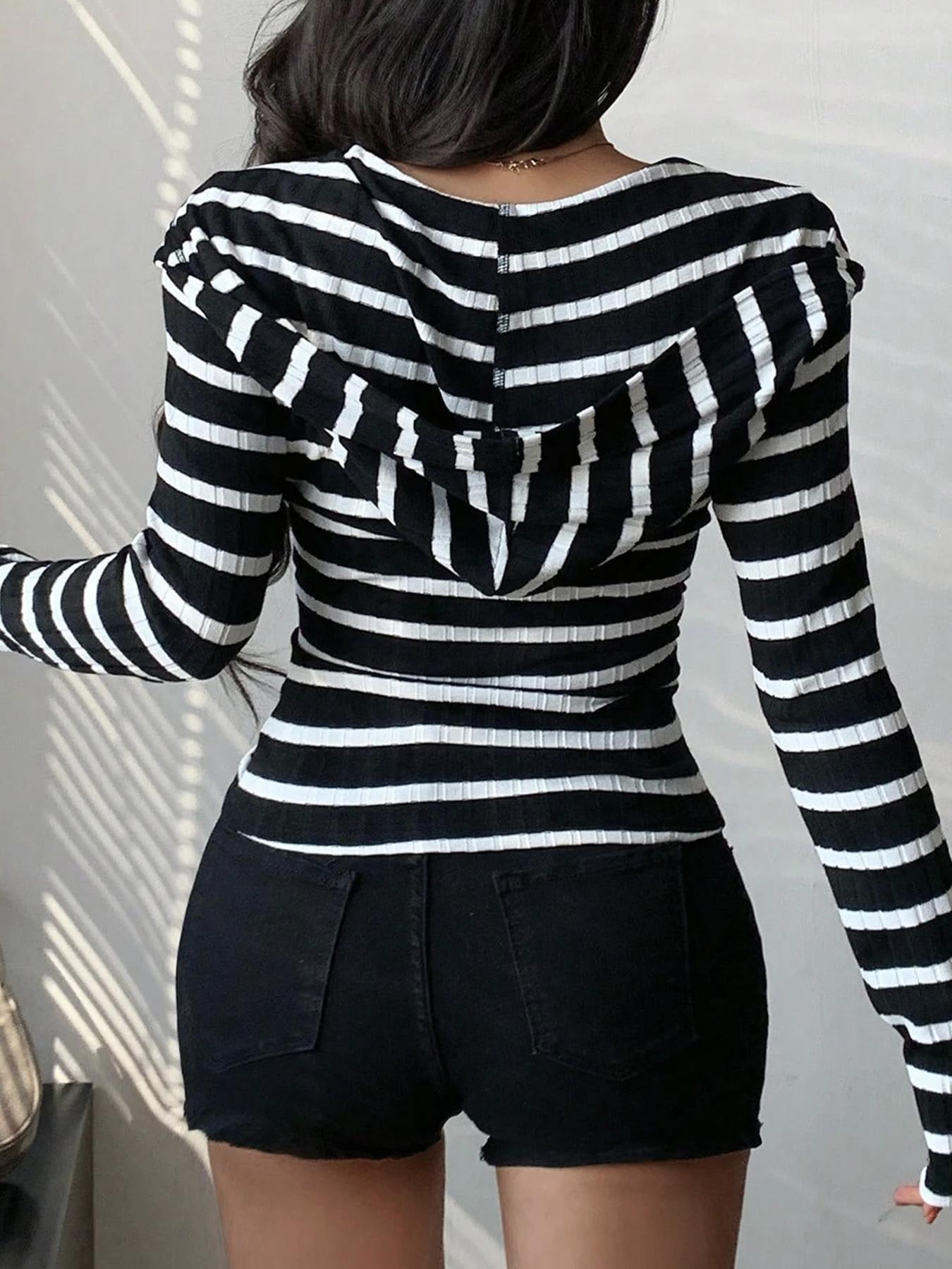 Women's Simple Striped Zipper Fitted Knit Long Sleeve Hoodie, Casual Daily Wear, Everyday, Comfortable and Stylish, Perfect for Spring & Fall Seasons, Sweatshirts, Tops