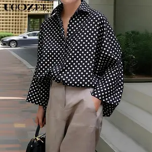 UOOZEE Women's Collared Soft Polka Dot Blouse - 100% Polyester Fabric, Long Sleeve Batwing Top, Lightweight Oversized, High-Low Hem, Loose/Fitted Options, Camisole-Compatible, Comfortable for Casual/Workwear, Size Down for Slim Look, Blazer-Pairing Ready