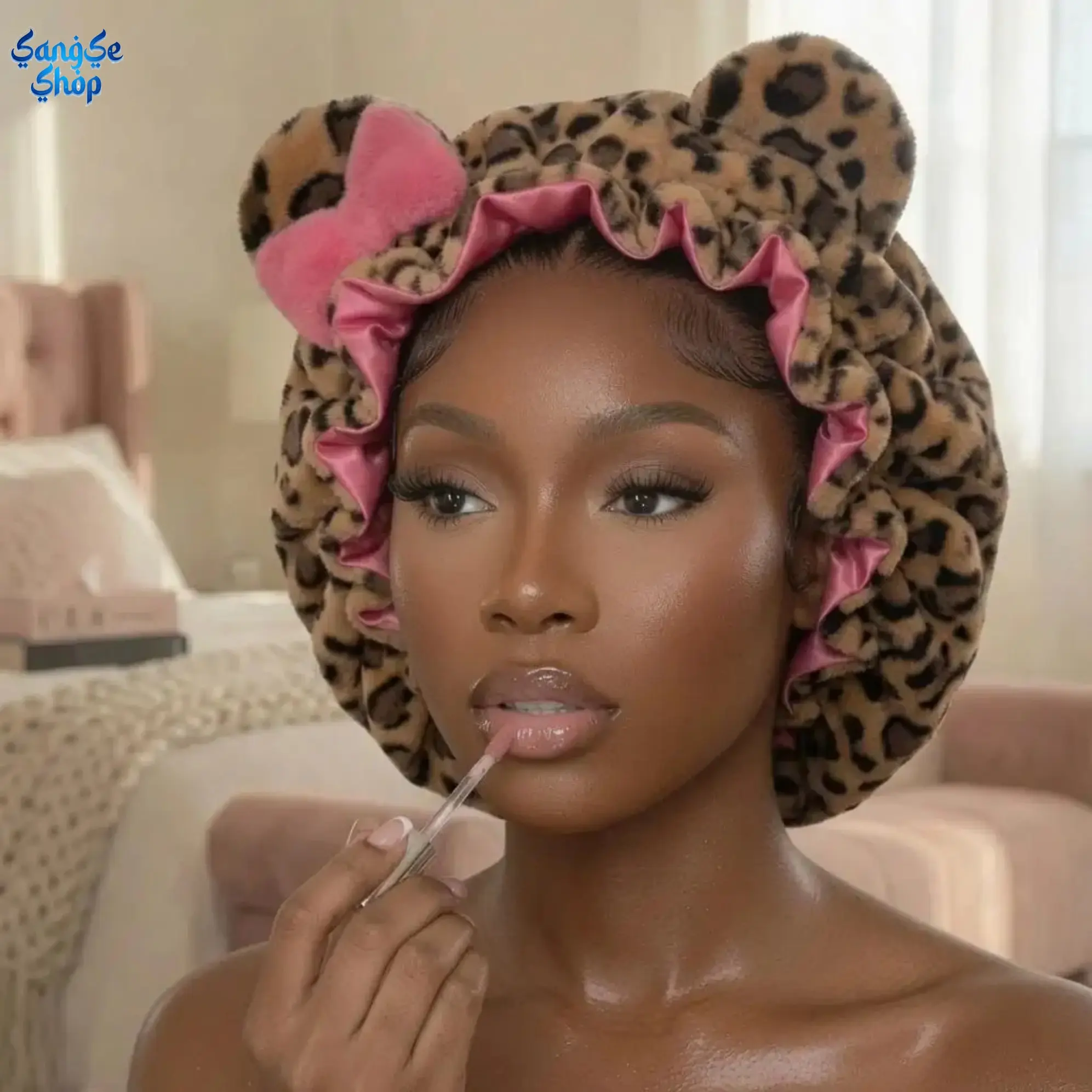 Luxury Teddy Hair Bonnet Hood for Women, Leopard Print Pink Sleep Hair Wrap, Soft Plush Hair Protection Cap for Hair Care, Styling & Overnight Wear, Gift for Her #SummerWins