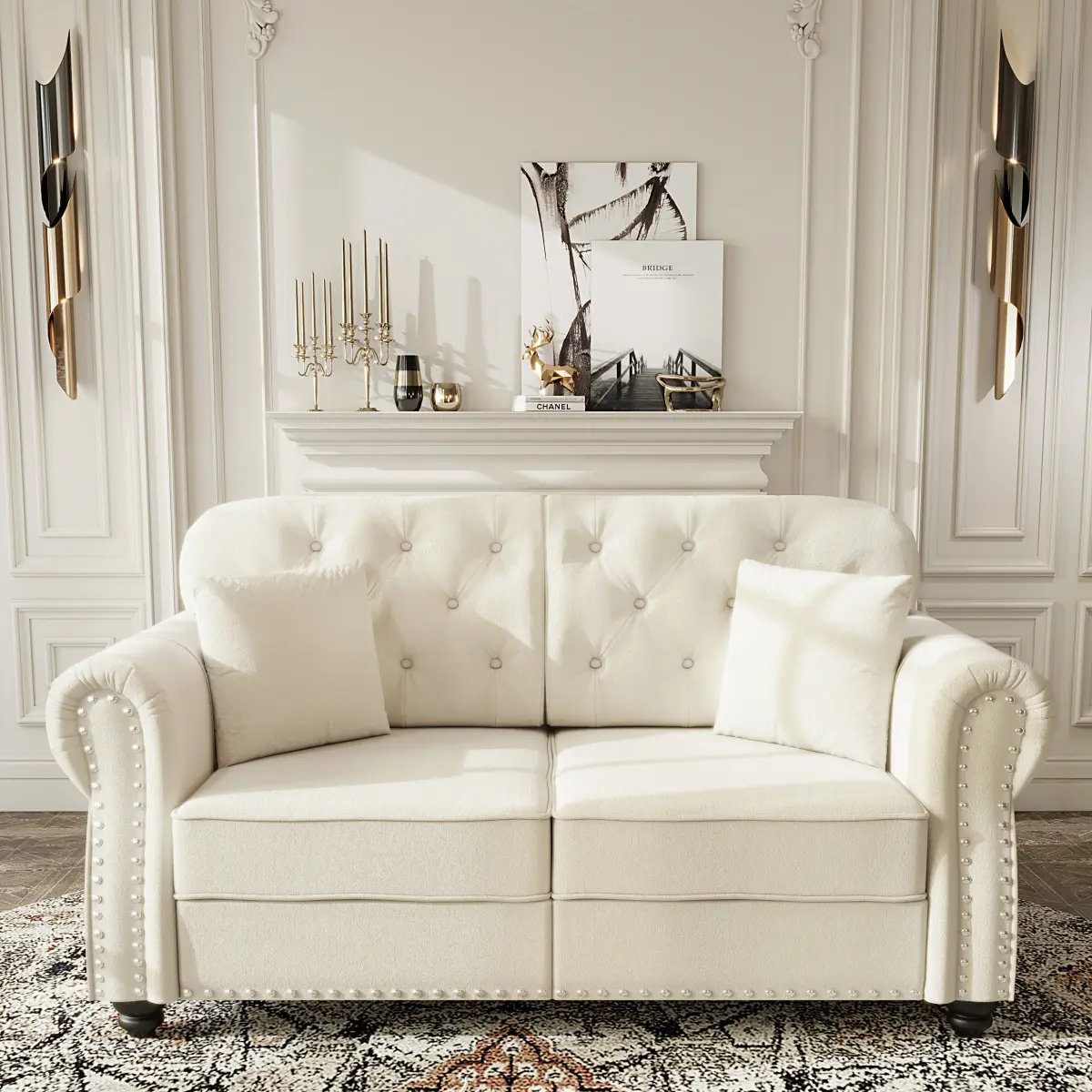 63" Velvet Loveseat Couch Chesterfield Sofa 2 Seater, Mid Century Modern Loveseat Sofa with Button Tufted Back & Rolled Arms, Upholstered Sofa Couch with High Resilience Cushion, Couches for Living Room Office Beige/White