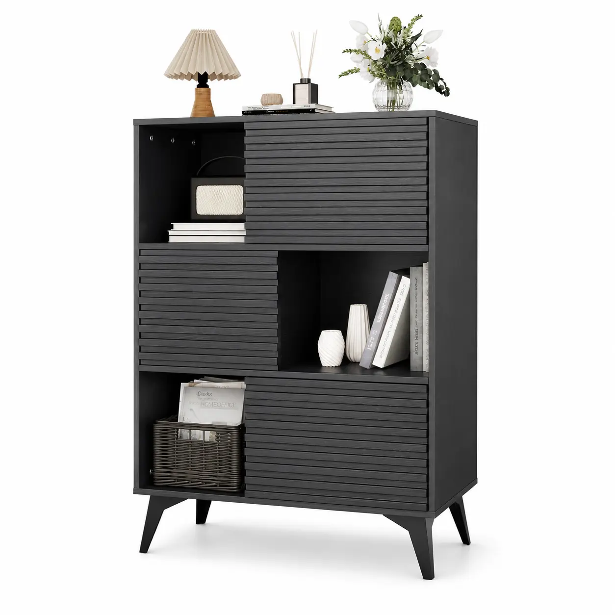 Modern Fluted Storage Cabinet with Sliding Doors, 43.3-Inch Black Sideboard Cabinet with Open Shelves, 3D Metal Feet, Wood Grain Panels and Multi-Zone Storage for Entryway, Living Room, Dining Room, Kitchen, Foyer, Home Office and Coffee Bar